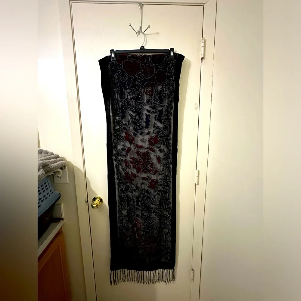 Table Runner/Scarf - Burnt Out Pattern Velvet Floral with Fringe 62 x 17